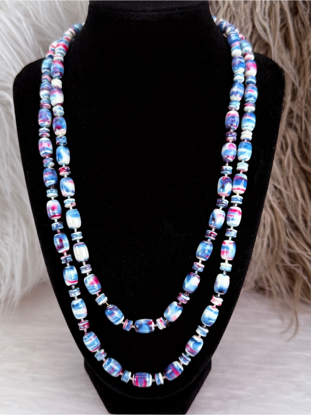 Vintage Extra Long Marbled Blue Pink White Beaded Necklace Lightweight